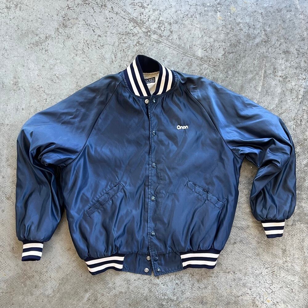 BUTWIN Satin Bomber Jacket L Navy Blue Quilted Made in USA Varsity VINTAGE